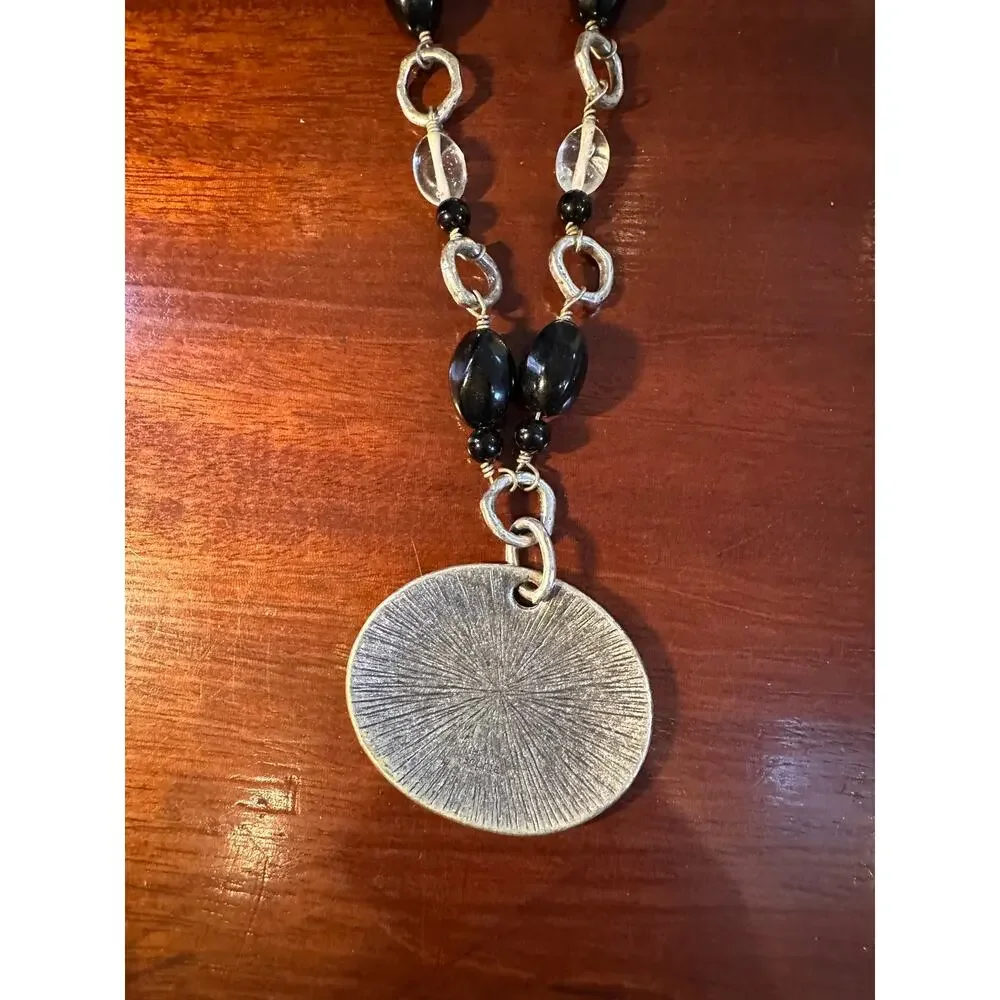 Lia Sophia OUTLAW Necklace Boho Silver Black Bead Floral Scroll Metal Pendant